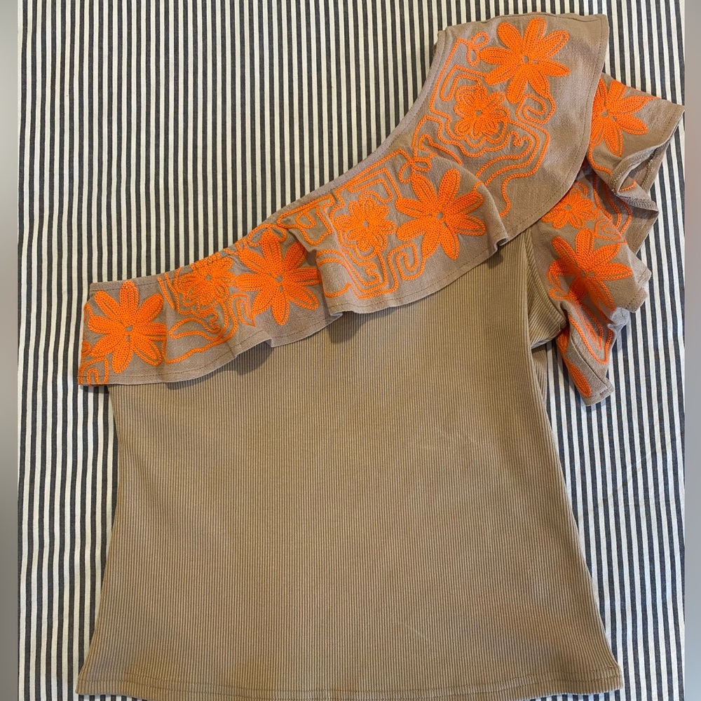 Anthropologie Dolan One Shoulder Embroidered Top